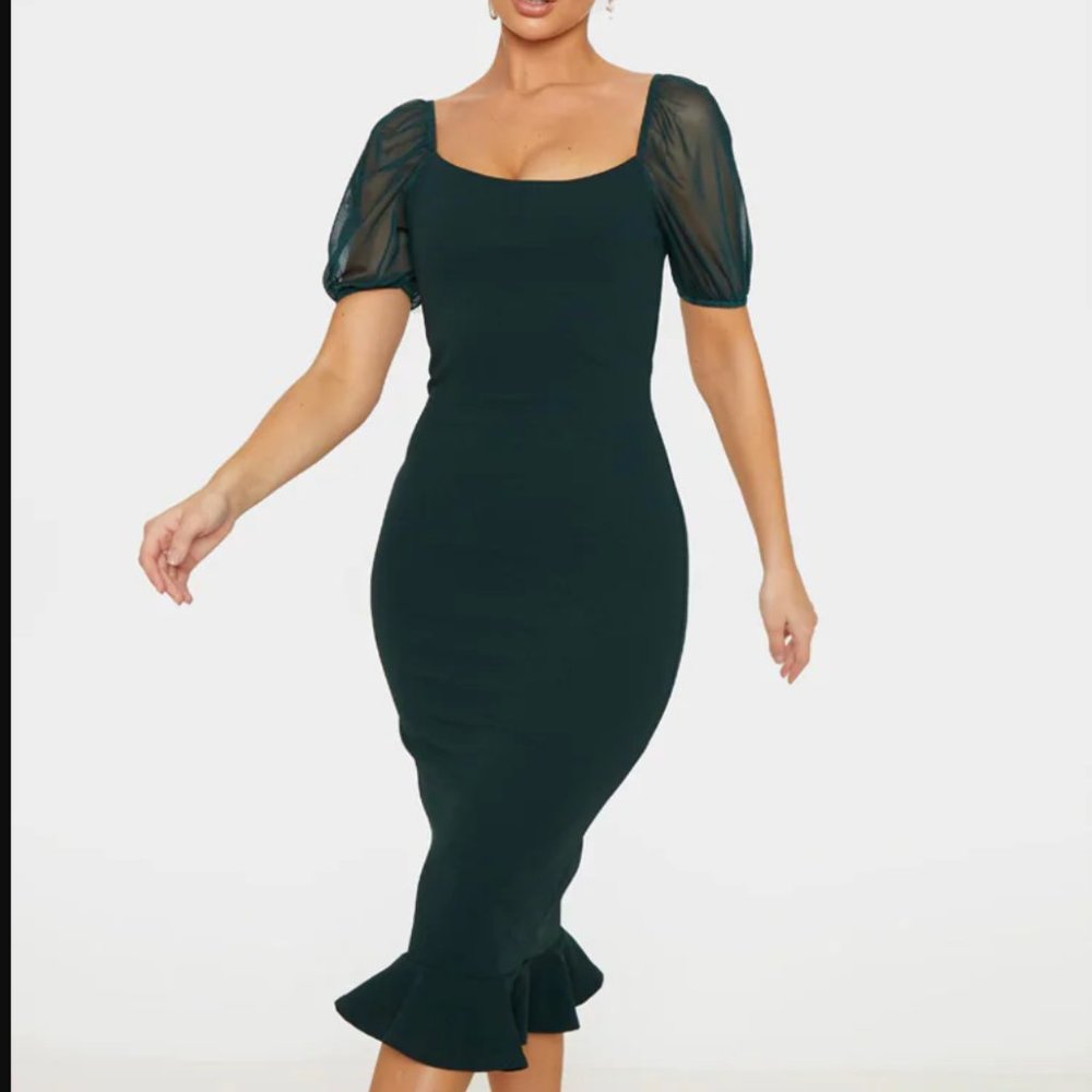 Green Mesh Puff Sleeve Frill Hem Midi Dress